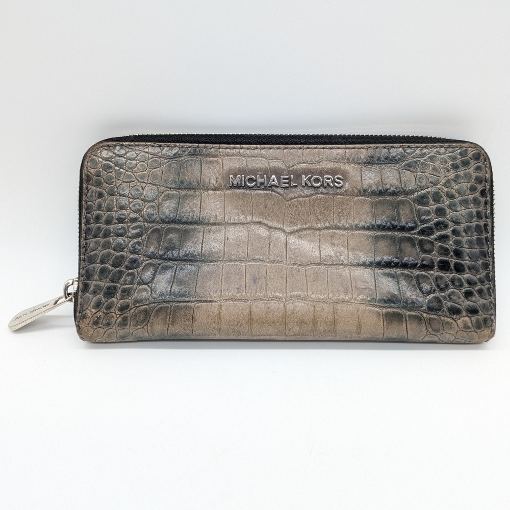 Michael Kors Black Tan Crocodile Leather Zip Wallet